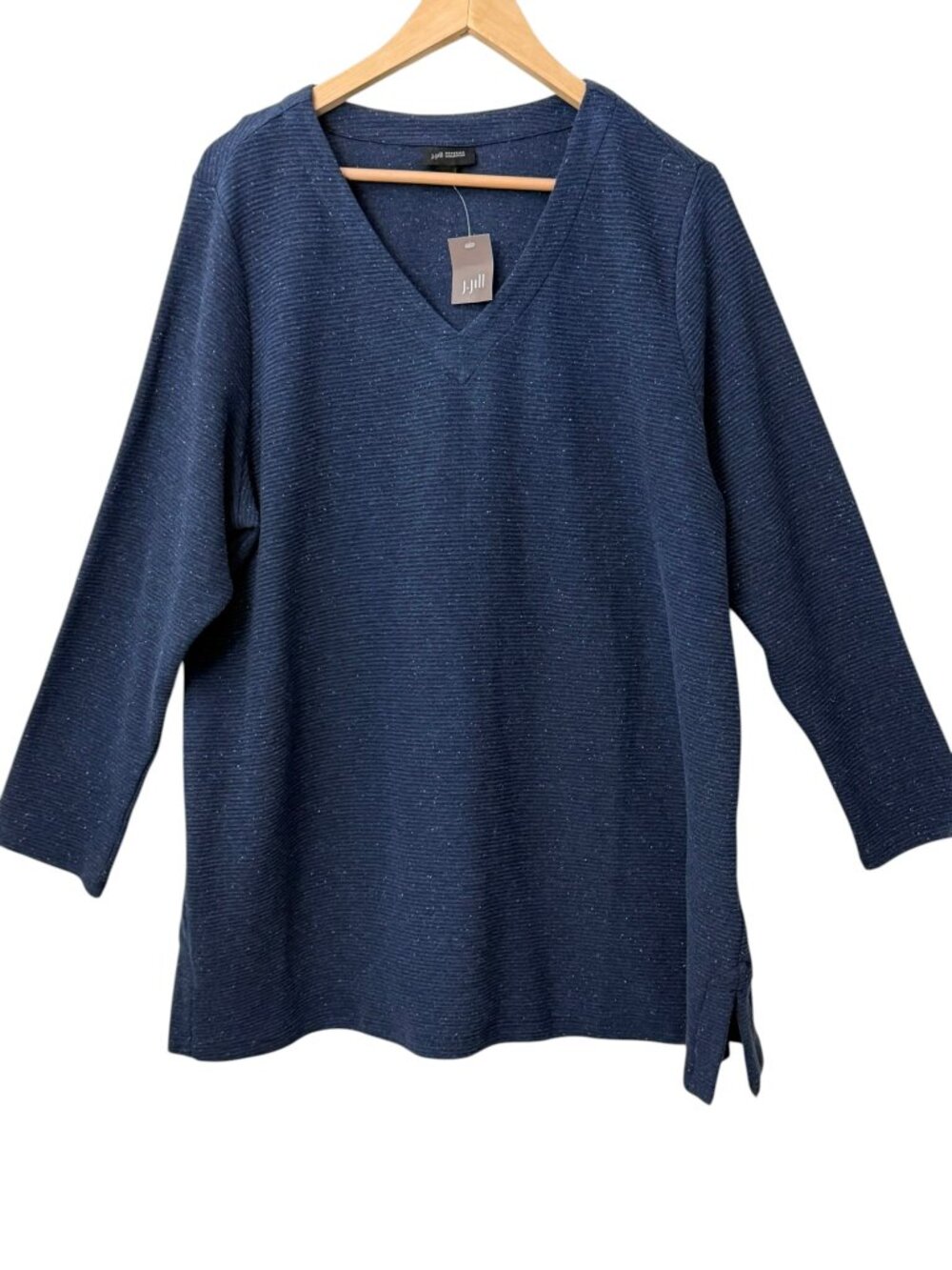 J.Jill Wearever Textured Cotton V-Neck Flecked Long Sleeve Tunic Navy Blue XL/2X